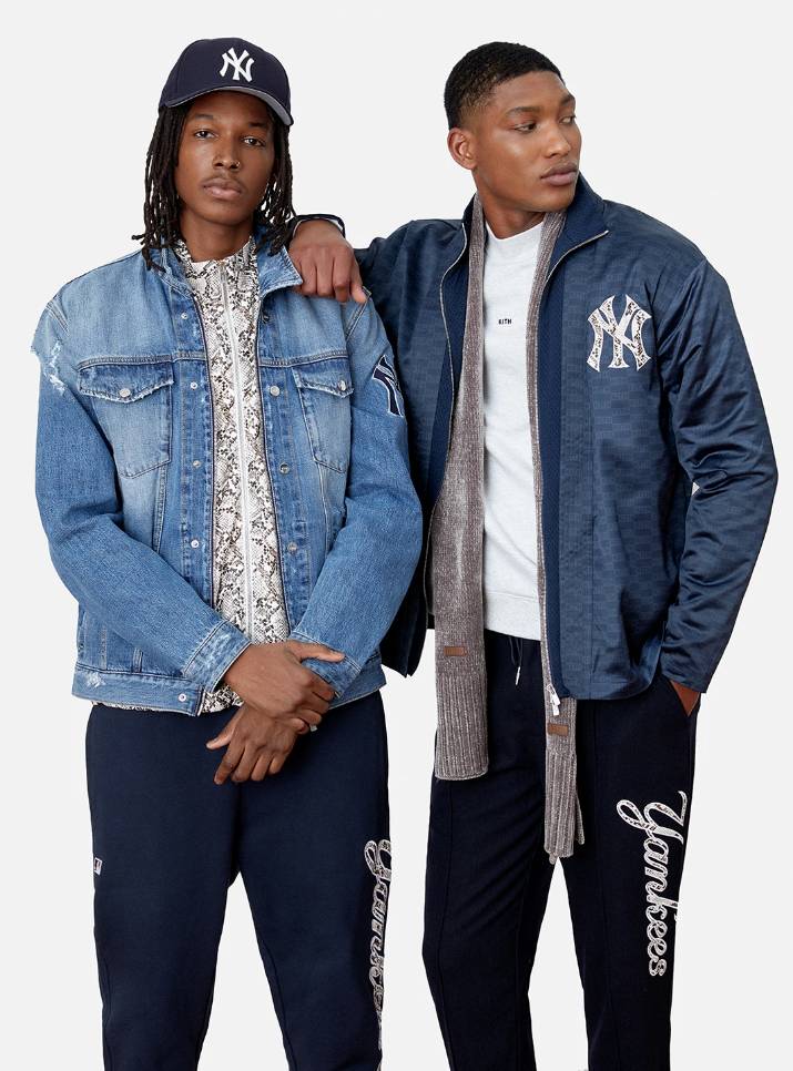 KITH x MLB pebbled goat leather varsity jacket, a zip-up faux fur jacket, a 12.5 oz Italian denim jacket with removable faux python liner, tight-weave satin coaches jackets and kimonos