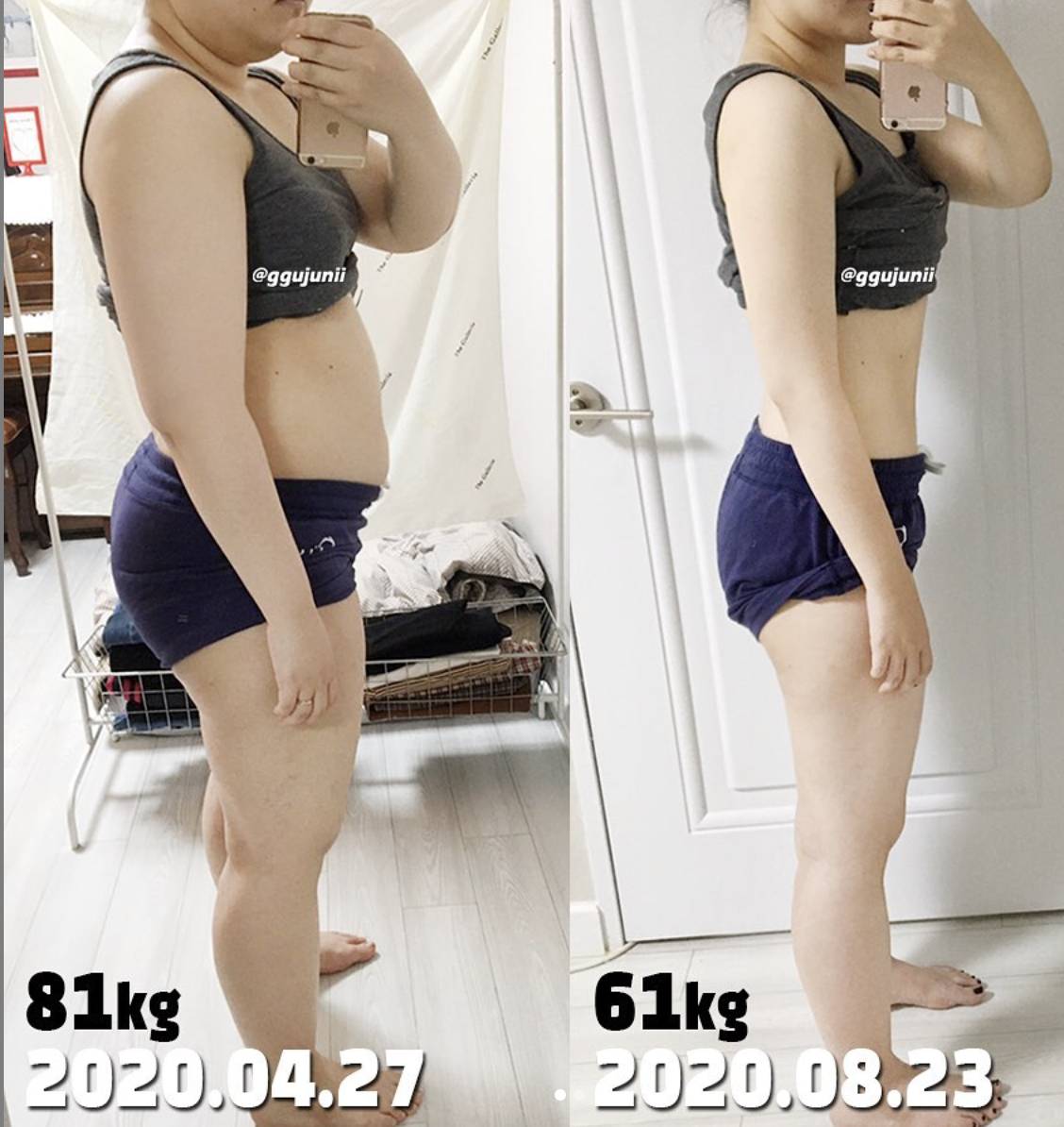 減肚腩大挑戰！韓妞在家減磅練腹肌81kg變53kg Instagram @ggujunii