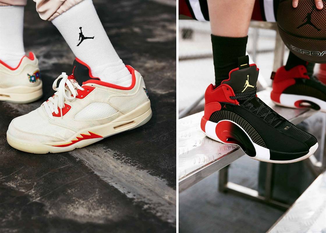 Nike與Jordan Brand 爆竹包裝紙圖案暗藏在半透明織物鞋面之下，Air Jordan 5 Retro Low及Air Jordan XXXV CNY 同樣採用了可撕鞋面設計。（上架日期待定）