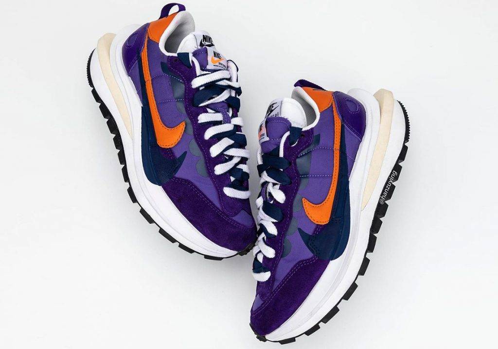 sacai x Nike Vaporwaffle "Dark Iris" purple orange navy colourway