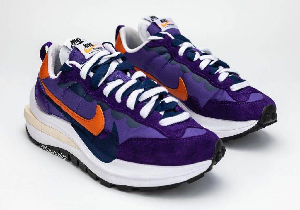 sacai x Nike Vaporwaffle "Dark Iris" purple orange navy colourway