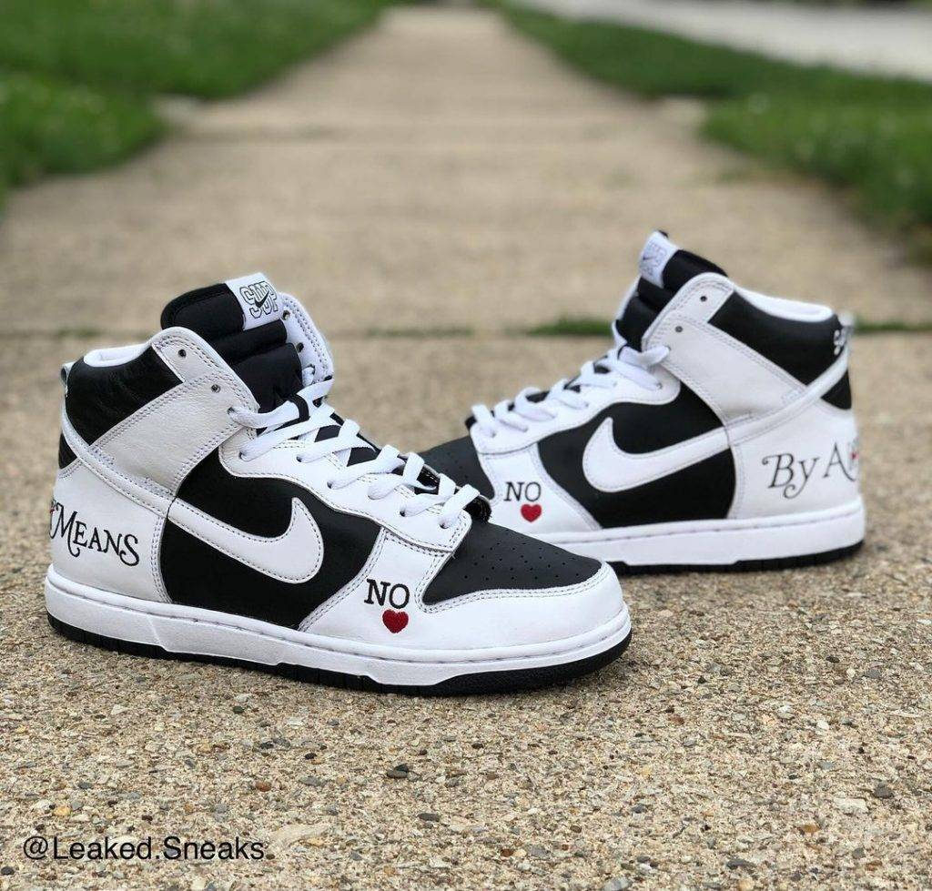 Supreme x Nike SB Dunk Hi By Any Means black and white colourway